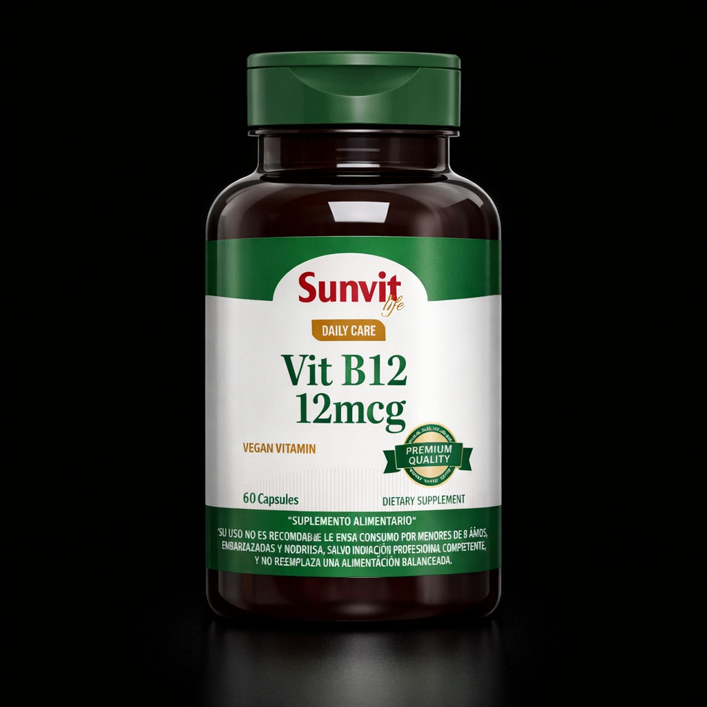 Envase de vitamina B12 de 12 mcg, 60 capsulas, marca Sunvit Life