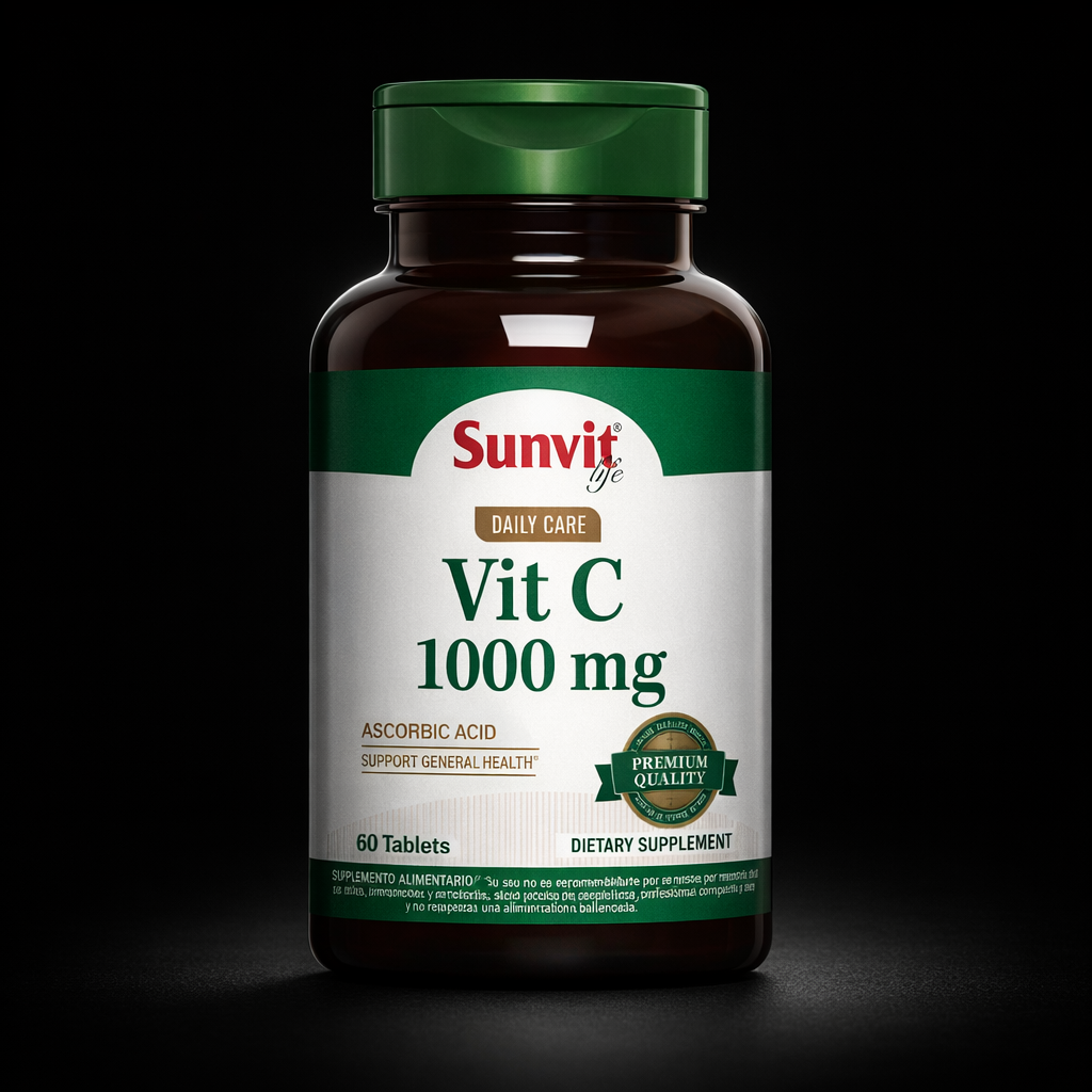 Envase de vitamina C de 1000mg, 60 tabletas, marca Sunvit Life