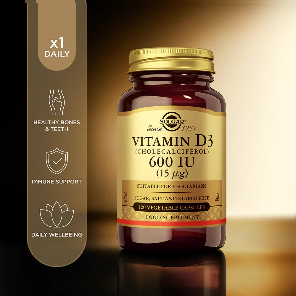 Envase de vitamina D3 600 IU, 120 capsulas, marca Sunvit Life